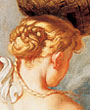 Baroque Art: detail of a Rubens painting of a woman, back to viewer, with her golden hair knotted at the back of her neck, carrying a basket on her head.
