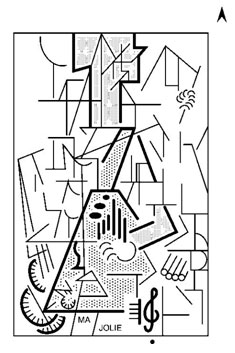 Tactile diagram emphasizing the most important elements of Ma Jolie by Picasso with thick lines and textures