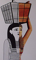 Egyptian woman carrying basket on her head, vertically split. Half color drawing, half tactile diagram.