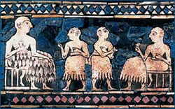 Babylonian mosaic, detail showing two pairs of figures in profile interacting