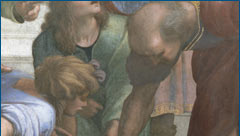 Detail from Raphael's School of Athens, 1508-11, showing Euclid drawing on a slate to demonstrate a theorem to a student